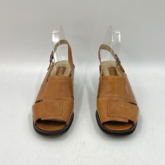 Vintage Ipanema Leather Square Toe Block Heel Nora Slingback Sandals Tan - Picture 6 of 7